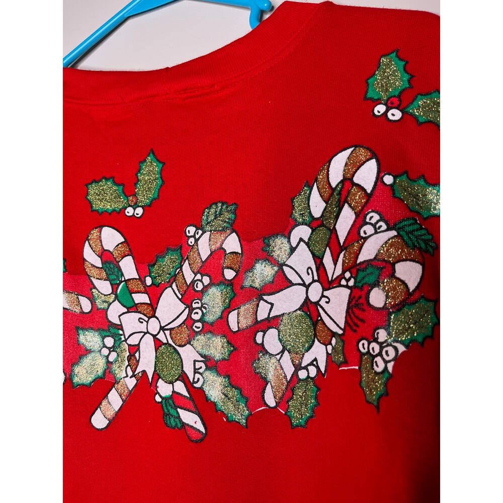 NWT 1980s Michel Nicole Puffy Christmas Glitter‎ Candy Cane Bells Sweatshirt L - Picture 6 of 6